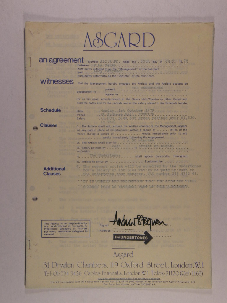 Undertones - Original Concert Contract 1979