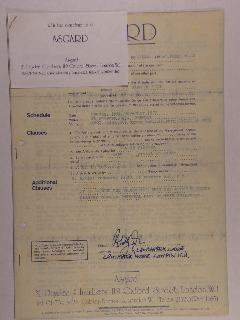 Gang Of Four - Original Concert Contract 1979